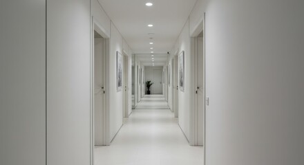 Modern White Corridor with Recessed Lighting and Artwork in Professional Office Building