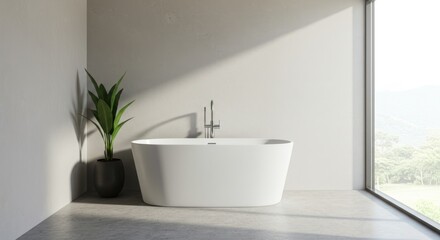 Modern White Freestanding Bathtub with Large Window and Green Plant in Minimalist Bathroom