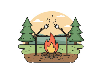 Cozy Campfire Scene with Marshmallows and Pine Trees.