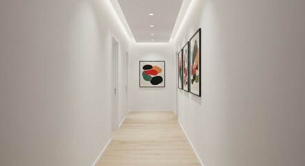 Modern White Gallery Hallway with Abstract Art Prints and Soft Lighting