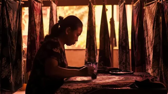 Artisan painting batik fabric with workshop.