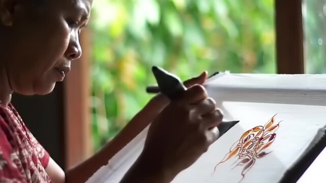 Artisan painting batik with traditional tool.