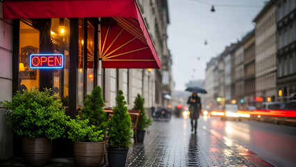 Storefront Cafe on Rainy Street