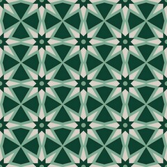 Fototapeta premium Abstract seamless pattern design with green leaves, geometric elements, and blue floral decoration for textile wallpaper