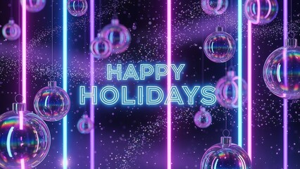 Vibrant neon happy holidays sign text with glowing purple 3D ornaments baubles and dynamic laser light rays for modern futuristic party flyers and event invitations
