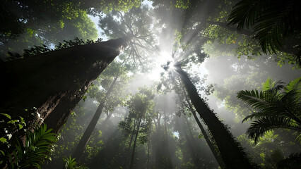 Tall Trees Reach Sky Light Beams in Dense Jungle