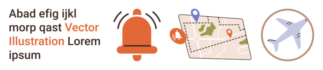Travel planning, navigation systems, notifications, flight booking, location tracking, exploring. Airplane, map with pins and notification bell icon. Travel planning and navigation systems
