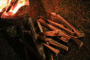 Chopped Firewood cabin heating and lifestyle. Old style resource. Living in rural country side concept.