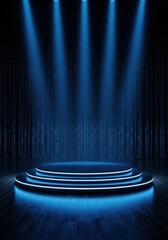 Futuristic Tiered Podium with Neon Lights and Sequin Curtains, Dynamic Tech Event Stage Display: Gaming Product Showcase, Cinematic Presentation Backdrop, Blue Vertical Mockup.