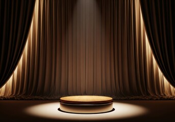 Natural Wood Podium under Spotlight with Bronze Curtains, Luxurious Theatrical Stage Display: Exclusive Product Launch, Award Ceremony Presentation, Elegant Interior Backdrop.