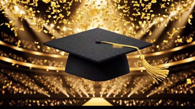 Graduation Cap with Confetti on Stage - Academic Achievement Celebration