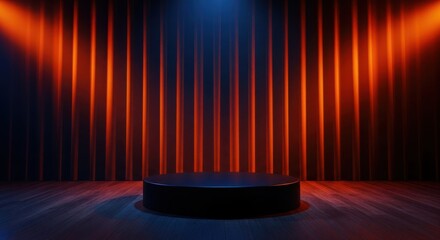Black Podium with Contrasting Orange and Blue Spotlights, Dramatic Abstract Vertical Stage: Gaming Event Showcase, Futuristic Tech Presentation, Minimalist Interior Mockup.