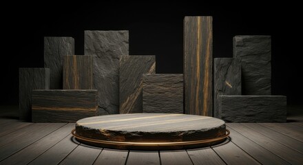 Black Stone Podium with Gold Ring and Tall Slabs, Dramatic Natural Mineral Product Display: Earthy Luxury Showcase, Abstract Geometric Presentation, Minimalist Vertical Backdrop.