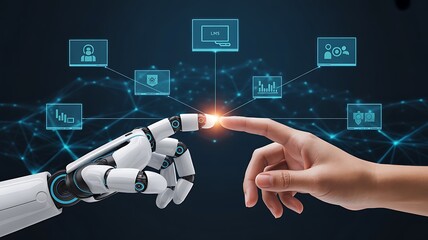 Hands of robot and human touching on e-learning platforms, network connection background, content delivery LMS engagement digital modules quizzes training interaction education automation. 
