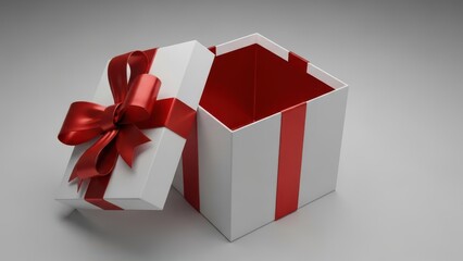 Beautiful white gift box with red ribbon and empty space isolated on transparent background