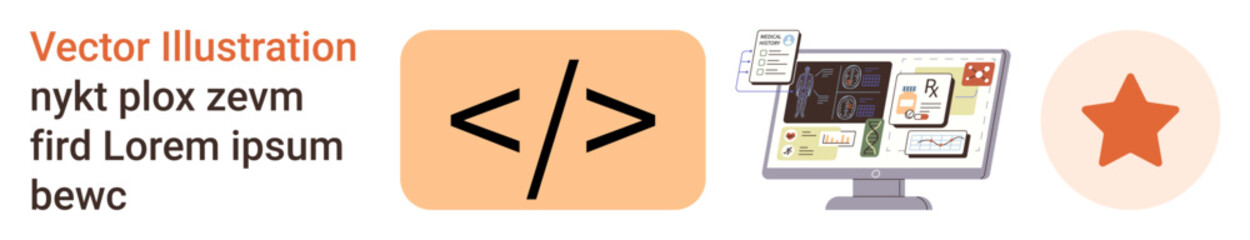 Web development, programming, coding tutorials, software interface, UI design, digital learning. Coding symbol, monitor with design tools and star icon. Web development and programming visuals