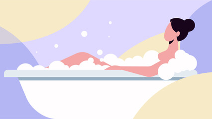 Pastel Flat Design Relaxing Woman Bubble Bath Illustration