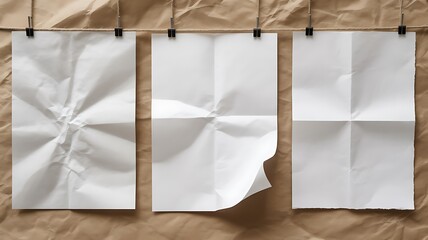 set of white folded paper sheet isolated on transparent background,Crumpled Paper Poster Photo Effect Mockup, blank folded Paper texture overlay effect