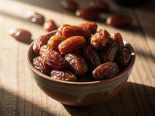 Fresh dates in clay bowl on wooden table