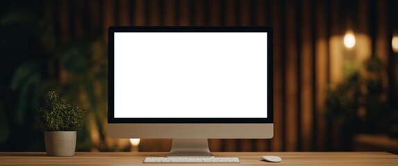 Fototapeta premium Modern silver desktop computer with blank white screen on wooden desk with keyboard and mouse for business and technology mockups