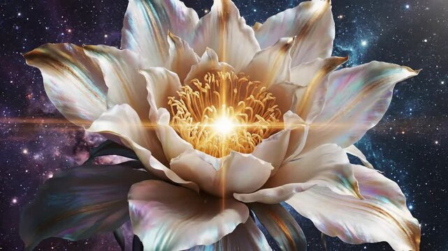 An otherworldly celestial flower unfurls its luminous petals amidst a cosmic nebula, revealing a radiant core of pure light and energy.