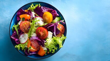 Fresh mixed greens salad with colorful vegetables and cheese presented in a deep blue bowl against a vibrant background