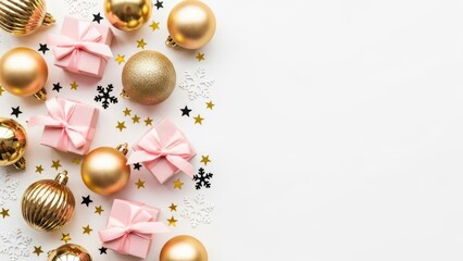 Christmas decoration with pink gift boxes and golden baubles isolated on transparent background