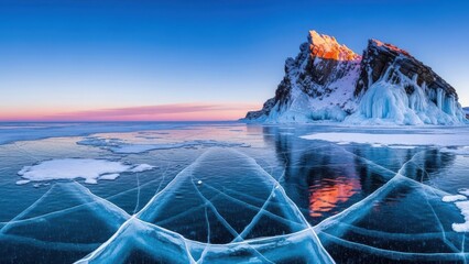 Frozen lake with cracked ice and snowy mountain isolated on transparent background