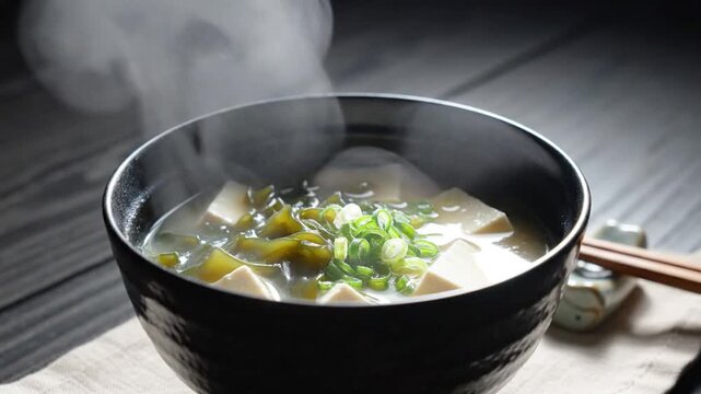 Steaming hot soup with tofu, seaweed, and green onions, served in a dark bowl