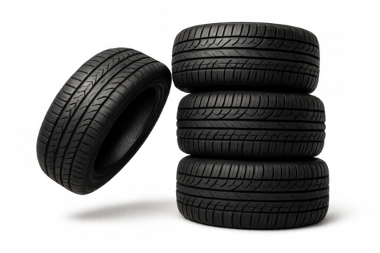 Stack of new car tires and single wheel tire, automotive rubber treads providing safety for vehicle driving, transparent background - Powered by Adobe