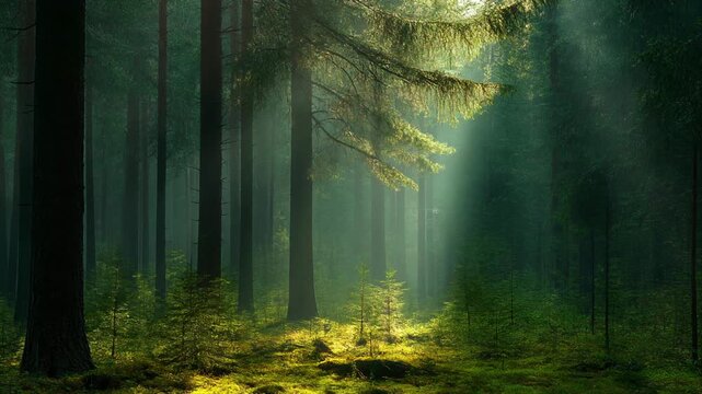 Sunlit forest: The sunlight streams through the canopy, illuminating the forest floor, casting a peaceful atmosphere. A serene view that promotes a sense of tranquility. 