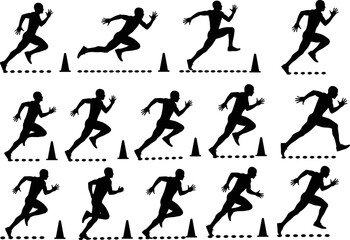 Dynamic silhouettes of athletes performing sprint running drills with cones, showcasing speed, agility, movement, 