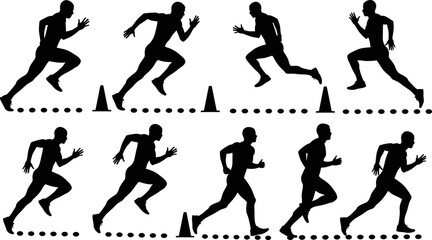 Dynamic silhouettes of athletes performing sprint running drills with cones, showcasing speed, agility, movement, athletic training, 