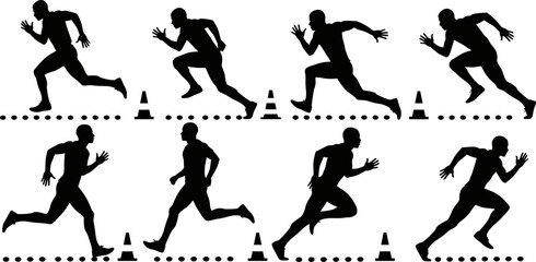 Dynamic silhouettes of athletes running sprint drills with cones, demonstrating speed, agility, movement, athletic training, 