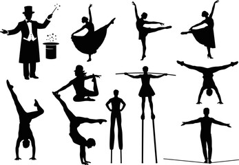 Dynamic silhouettes of circus performers including magicians, acrobats, dancers, and tightrope artists showcasing dramatic movement, balance,