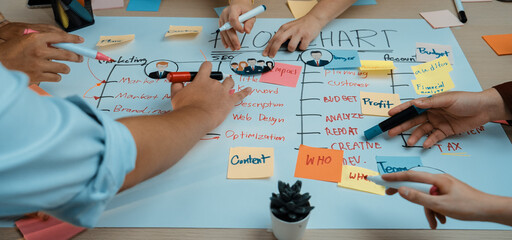 A dynamic team collaborates at a large table, using colorful sticky notes and markers to detail a...