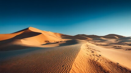 Rolling sand dunes stretch across a vast arid landscape beneath a clear, deep blue sky