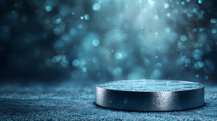 Cylindrical metal display platform rests upon a sparkling ground with blue atmospheric illumination