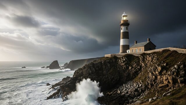 Dramatic Coastal Lighthouse Scene at Porth Pointe Wales Stormy Seas & Rocky Cliffs