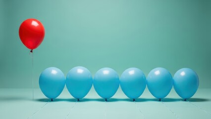 Red balloon standing out among blue balloons isolated on transparent background