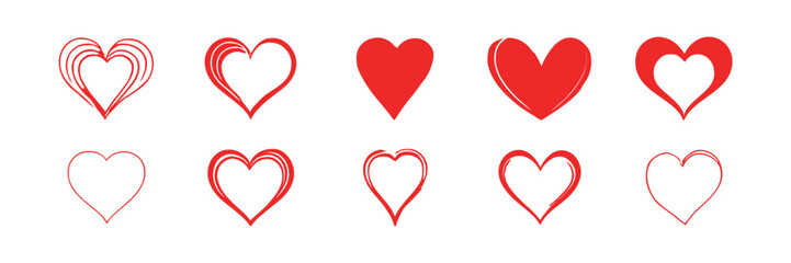 Vector illustration of various hand drawn red heart icon collection isolated on white background representing love romance valentine wedding passion and celebration