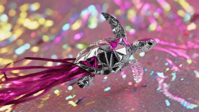 Cinematic slow-motion video of silver and magenta paper sea turtle zooming fast like a rocket. Comical action with exploding confetti trail on radiant pearlescent background. Joyful chaotic motion.