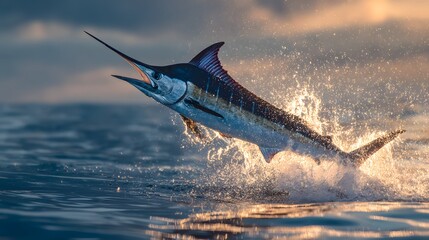 Fototapeta premium Striking billfish leaps powerfully from deep ocean waves during sunrise or sunset