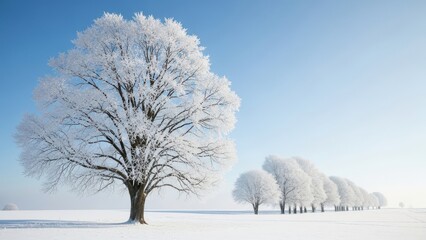 Snow covered tree standing alone in winter landscape isolated on transparent background