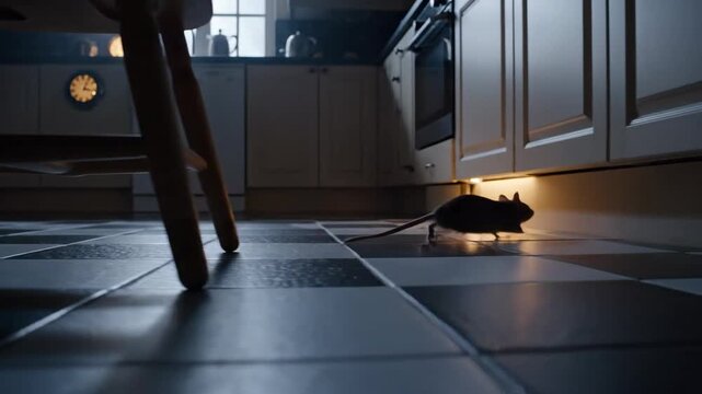 Brave mouse explores a moonlit kitchen floor at night, hiding beneath furniture