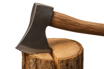 Steel axe blade splitting wood log, chopping firewood, work and craftsmanship concept, transparent background