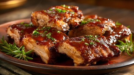 Savory glazed pork ribs are served on a rustic earthenware plate with fresh herb garnish