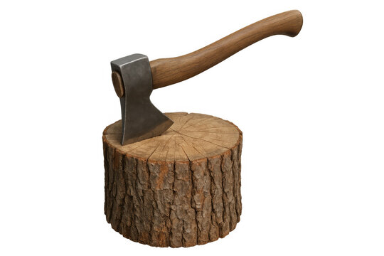 Steel axe head with a wooden handle firmly stuck in a tree stump, ready for chopping firewood and forestry tasks