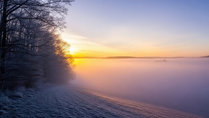 Frozen landscape at sunrise with fog and trees isolated on transparent background