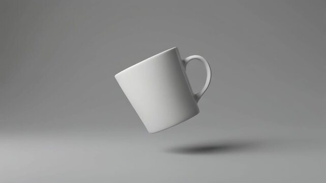 A clean white ceramic coffee mug floating and tilted in mid-air against a plain light grey background, casting a soft shadow.